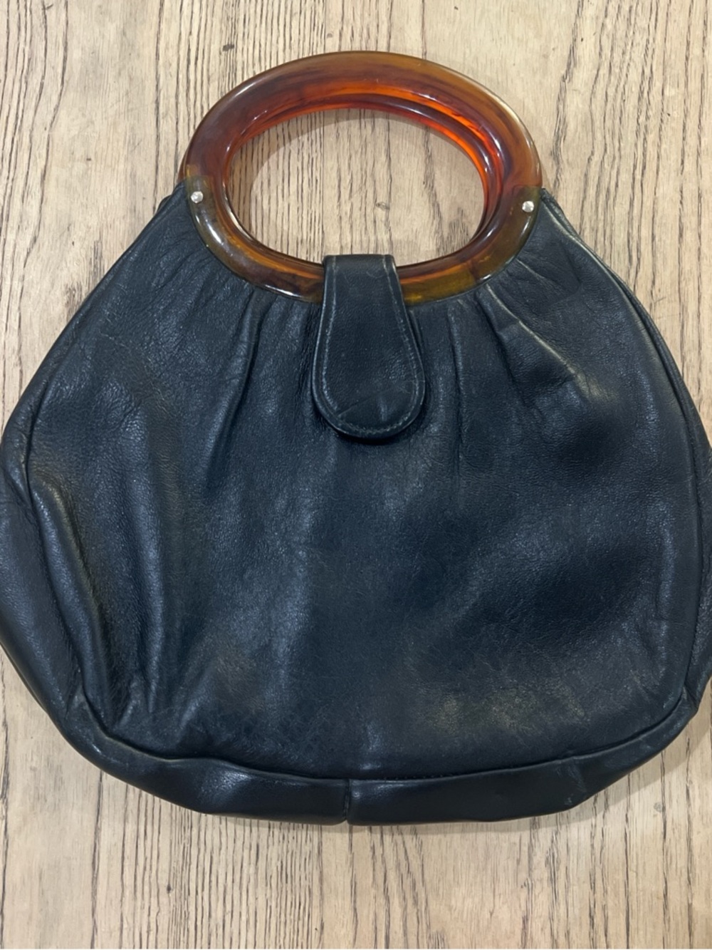 Black Leather Satchel with Amber Acrylic Handles
